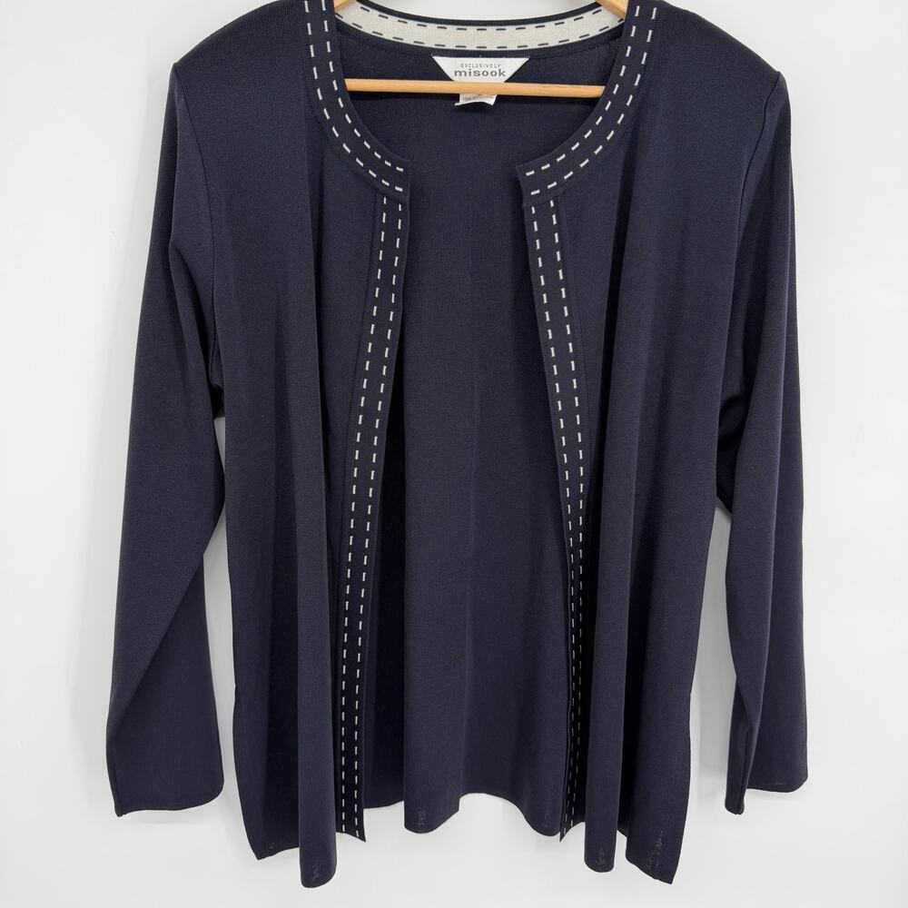 Misook Cardigan Women’s Large Navy & White Nautical Old Money Quiet Luxury